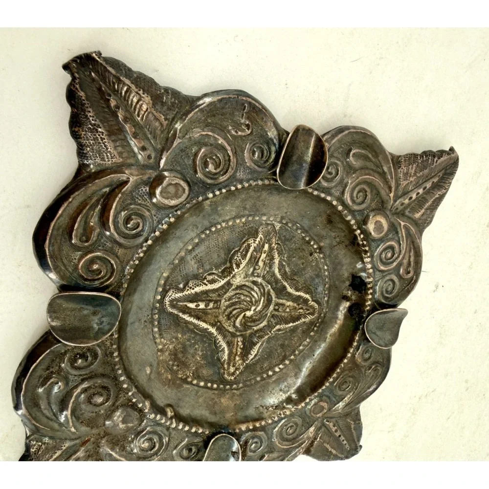 Vintage Handcrafted Metal Ashtray Ornate Embossed Floral Square‎ Rustic 5.25